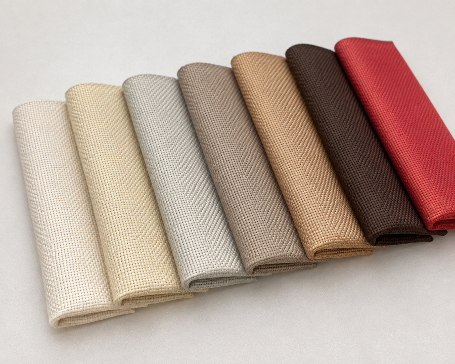 AI-restaged linen canvas source composition with seven photographed fabric cuts in neutral tones and red; not an exact selectable-option chart.