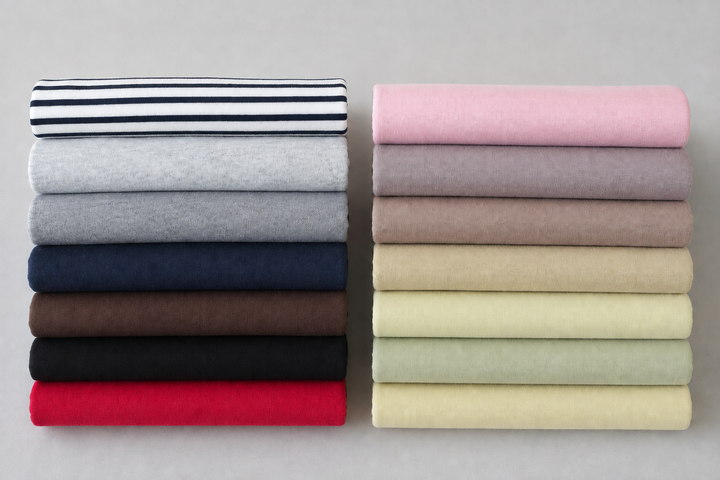 Cotton knit fabrics in fourteen colors, including stripes and gray heathers, arranged in two folded stacks